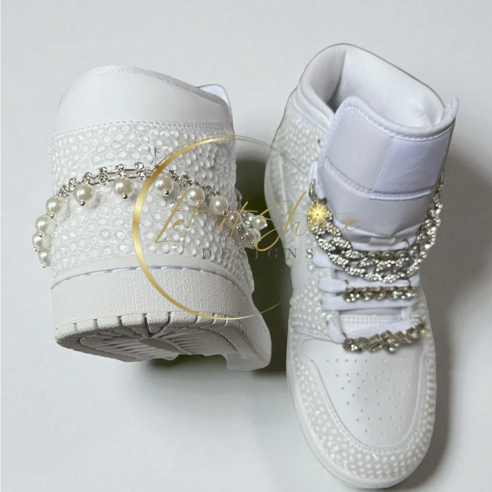 White Bling Wedding Jordan 1 Mid Custom Rhinestone Sneakers - Picture 11 of 12